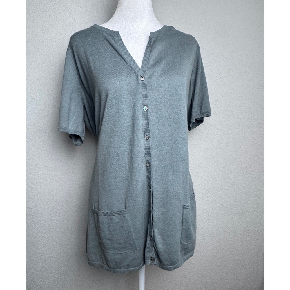 Coldwater Creek Womens XL Green Cotton Short Sleeve V-Neck Cardigan Sweater NWT